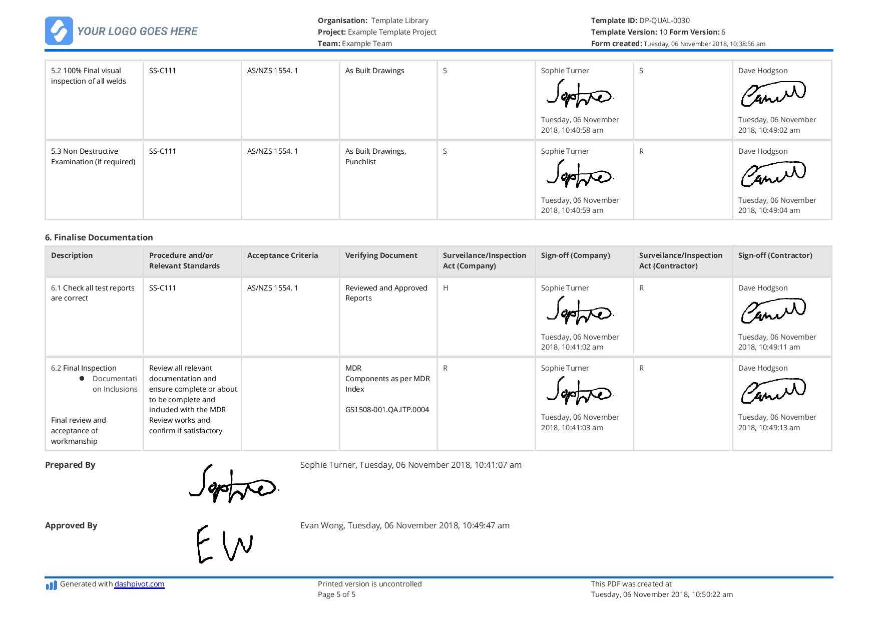 002 Welding Quality Control Plan Sample Template Ideas Intended For Welding Inspection Report Template