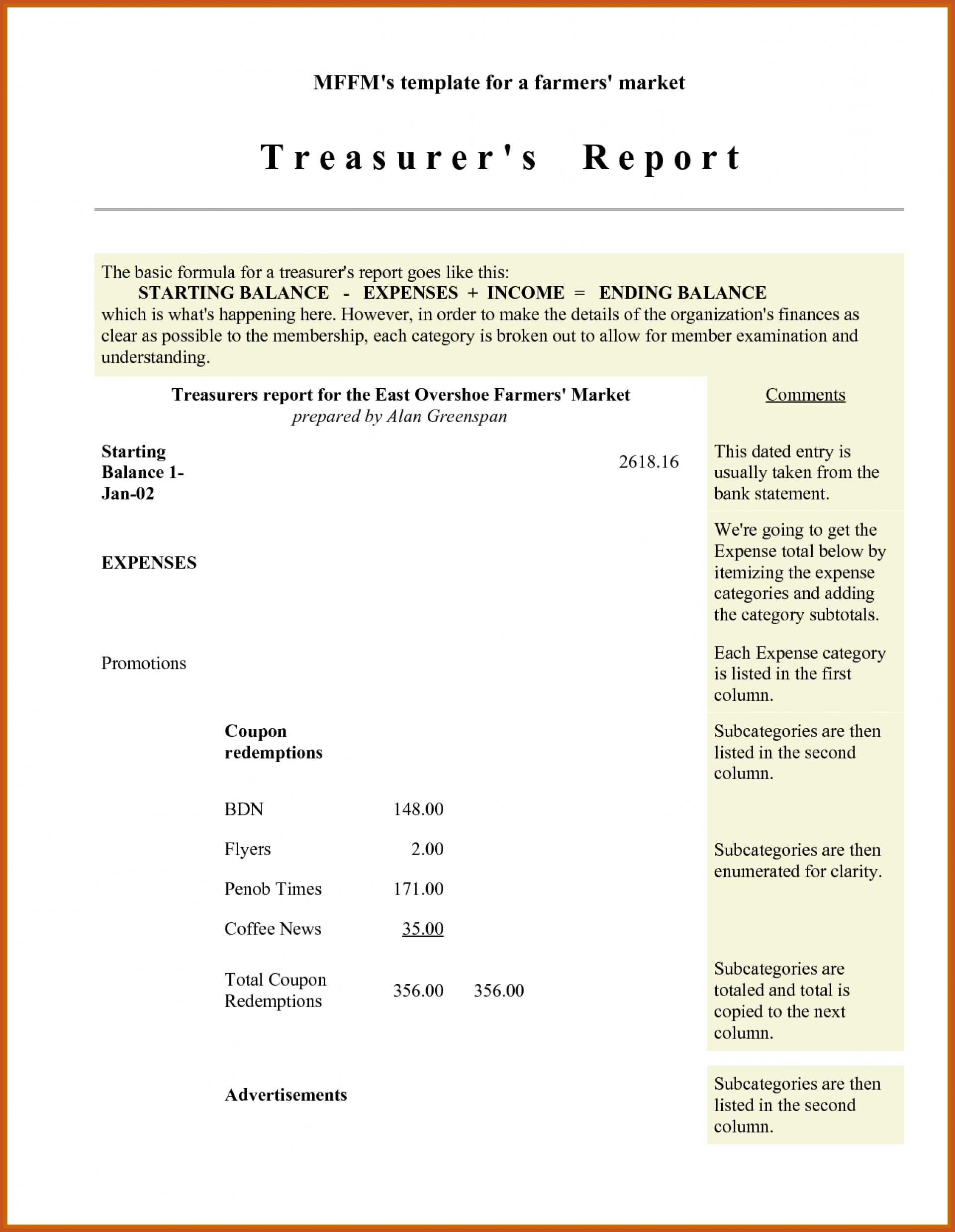 003 Treasurer Report Template Non Profit Sample Treasurers In Treasurer Report Template Non Profit