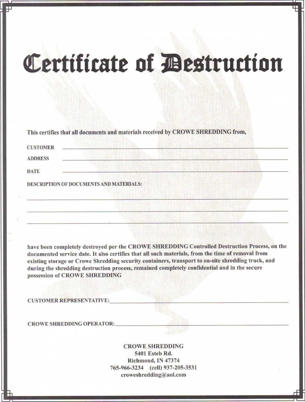 004 Certificate Of Destruction Template Free Form For Free Certificate Of Destruction Template