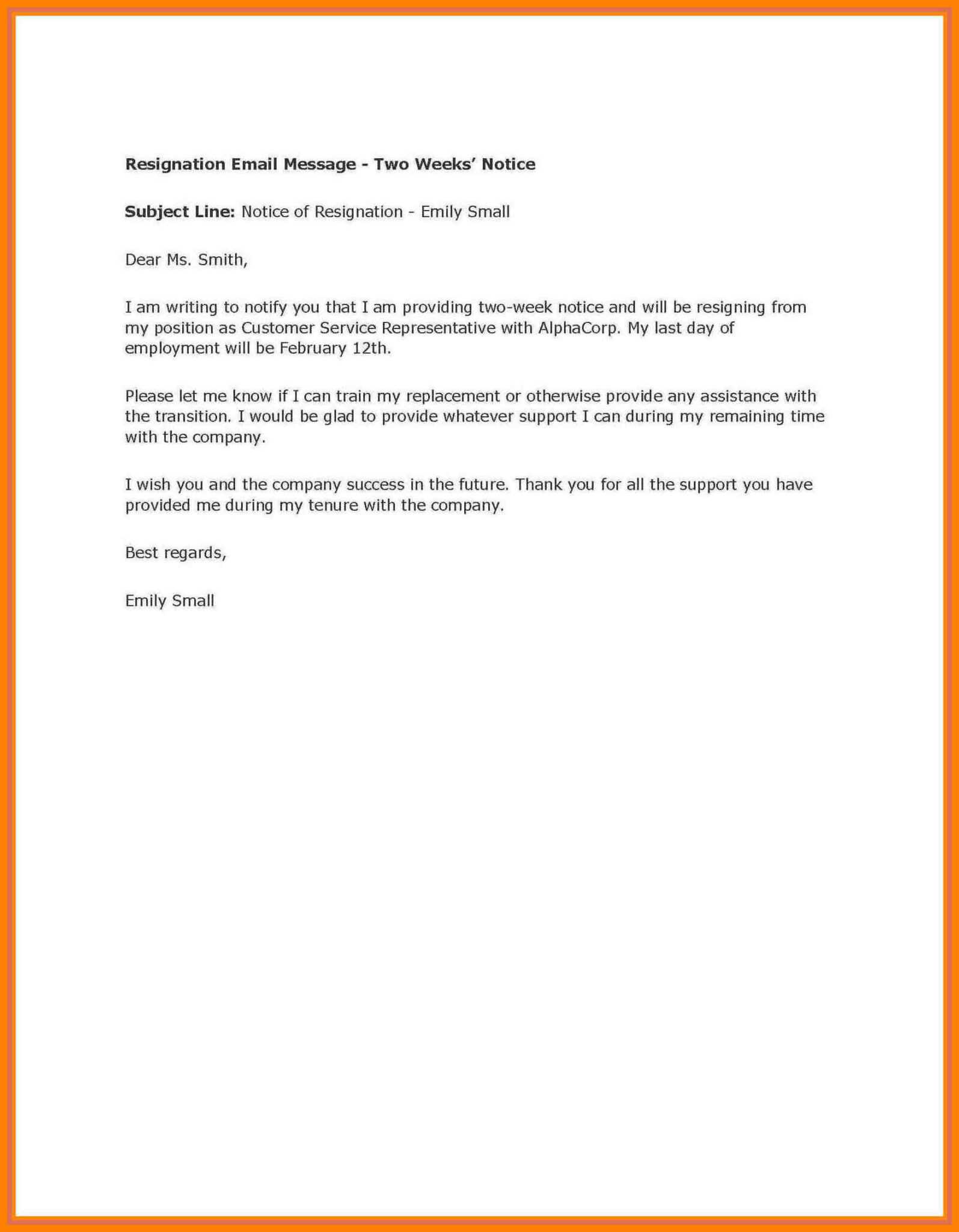 2 Weeks Notice Template Word