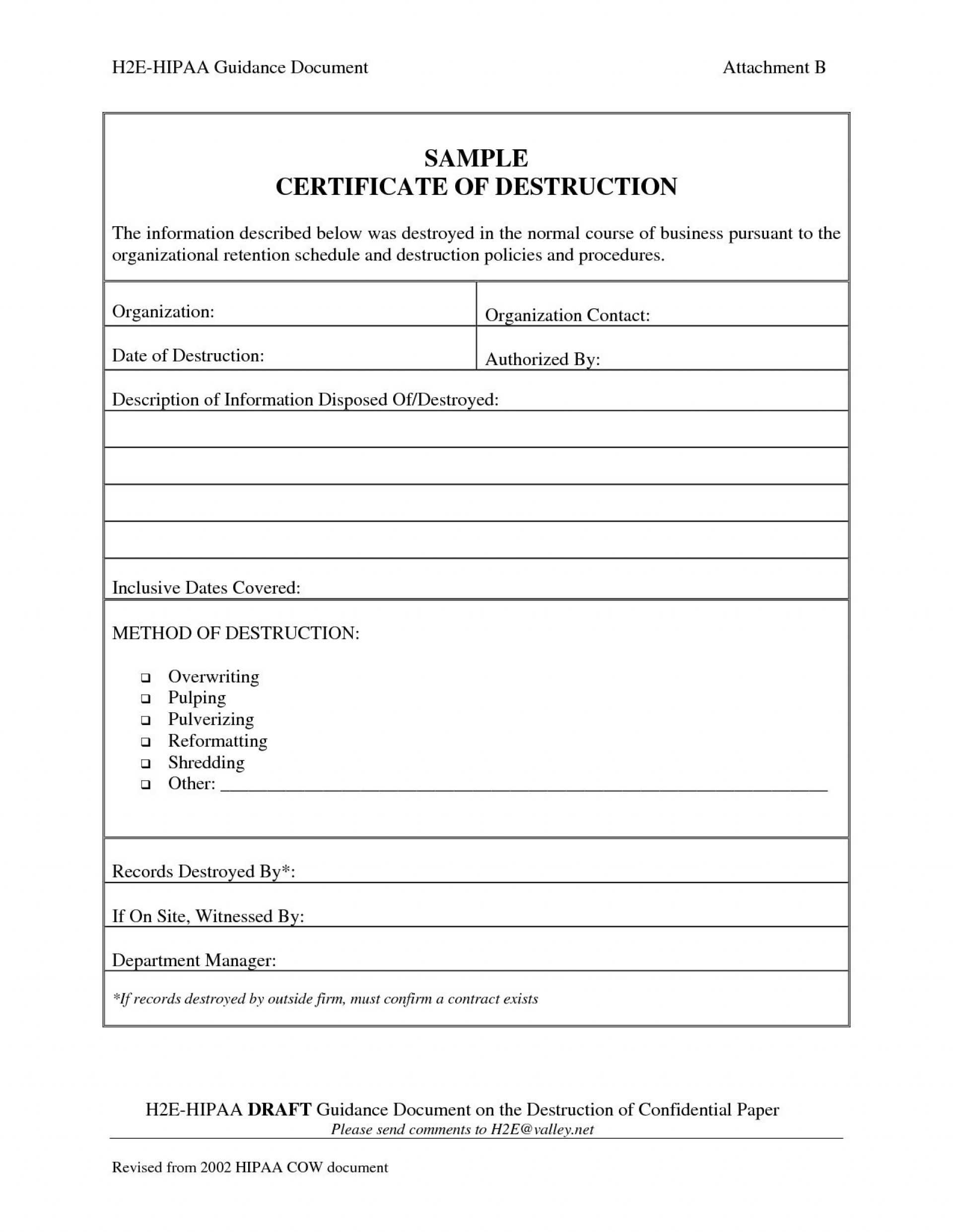 005 Certificate Of Destruction Template Ideas Exceptional Pertaining To Certificate Of Disposal Template