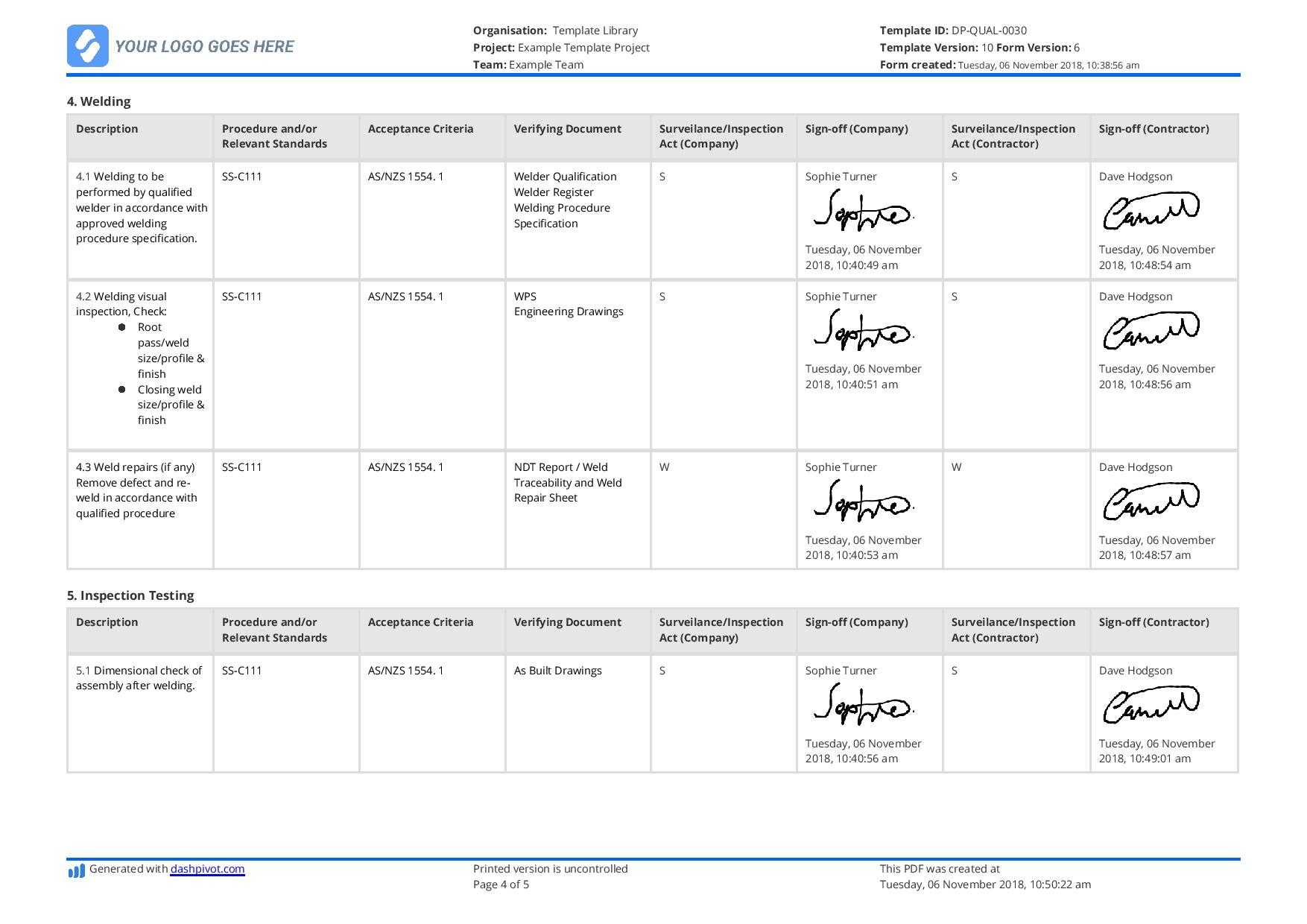 005 Template Ideas Welding Quality Control Plan Sample With Regard To Welding Inspection Report Template