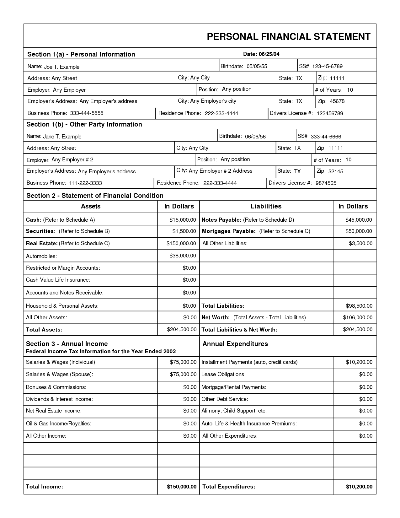006 Blank Personal Financial Statement Pdf Free Template Pertaining To Blank Personal Financial Statement Template