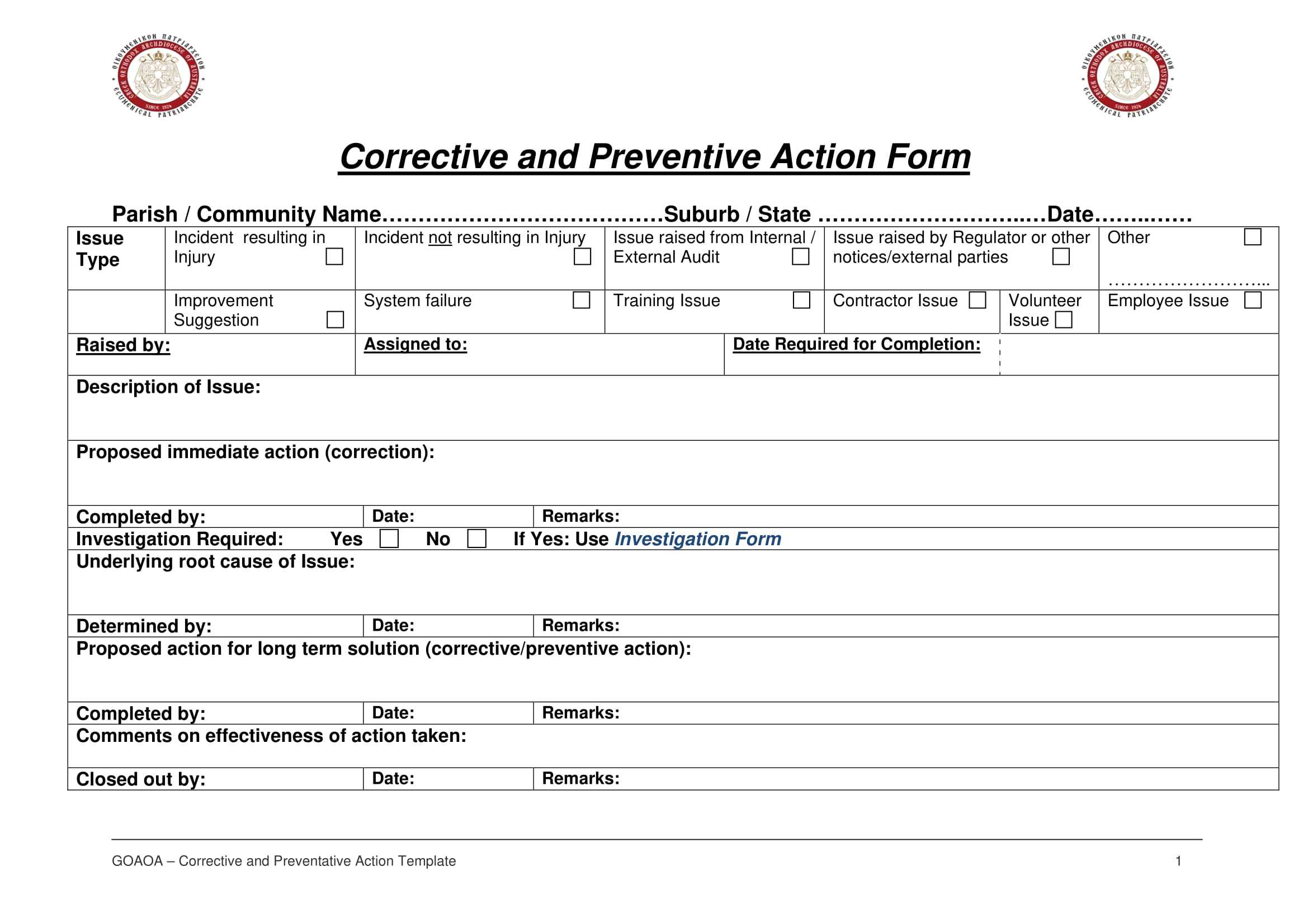 009 Corrective And Preventive Action Report Form Example Pertaining To Corrective Action Report Template