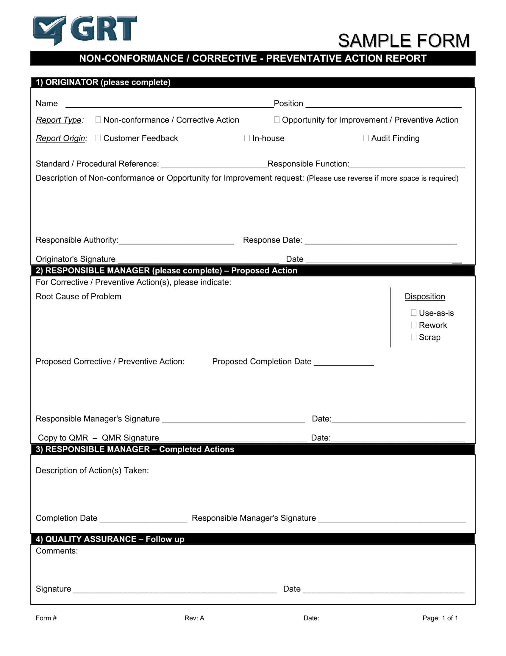 012 Corrective Action Form Template Manufacturing Non In Non Conformance Report Template