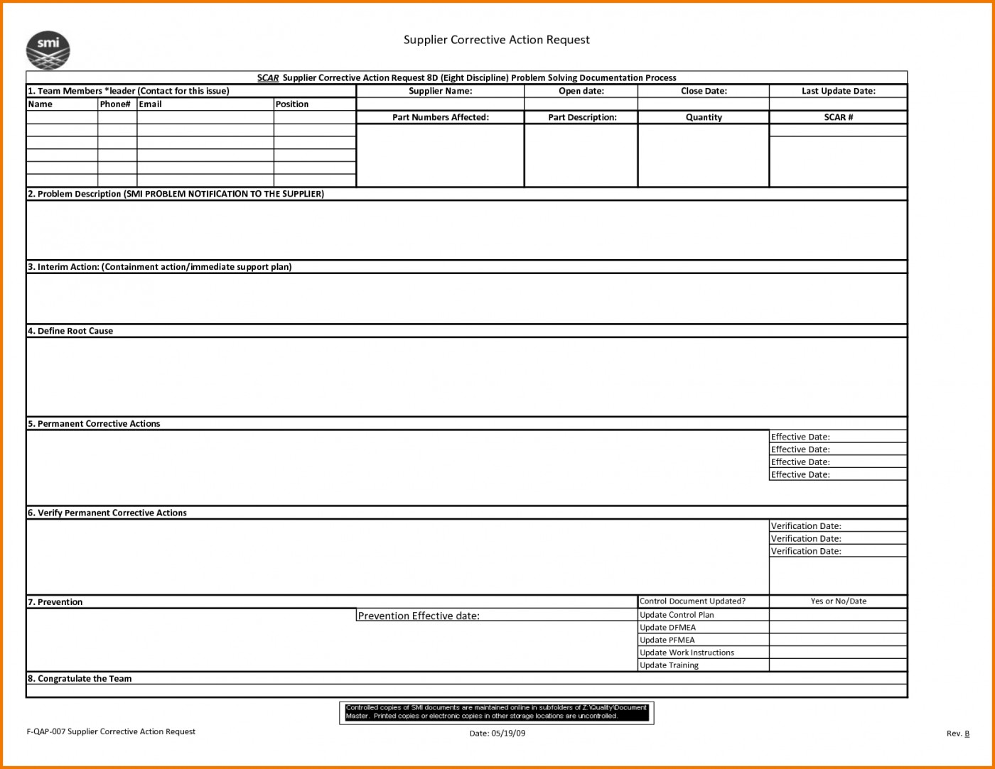 013 Field Version Corrective Action Form 788X1051 Template Inside 8D Report Template