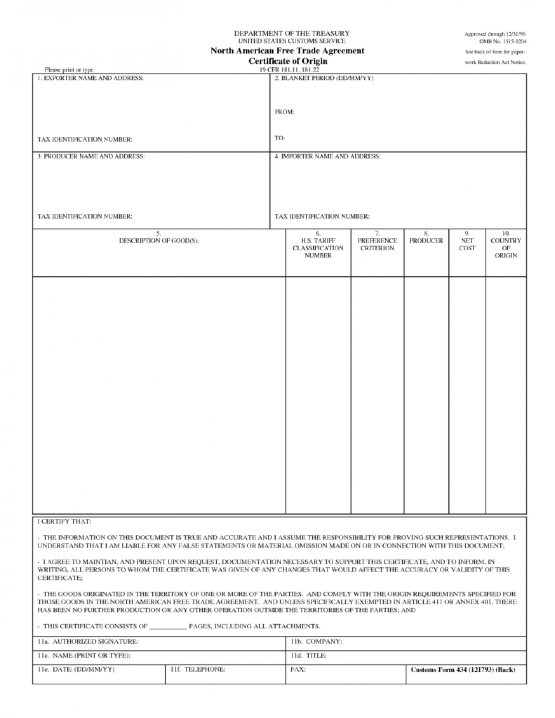 016 Certificate Of Origin Template Excel Ideas Awesome Nafta Regarding Certificate Of Origin Form Template