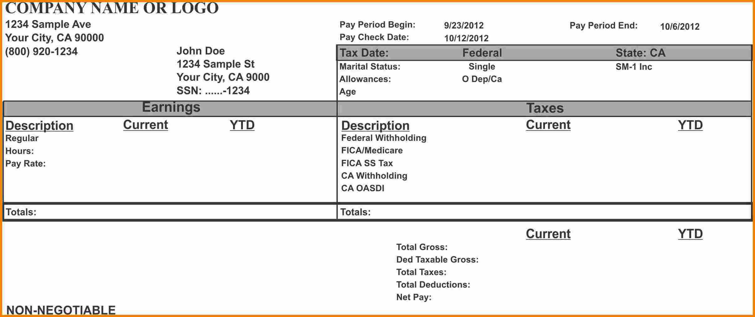 020 Free Printable Pay Stub Template Check Templates Pertaining To Blank Pay Stub Template Word