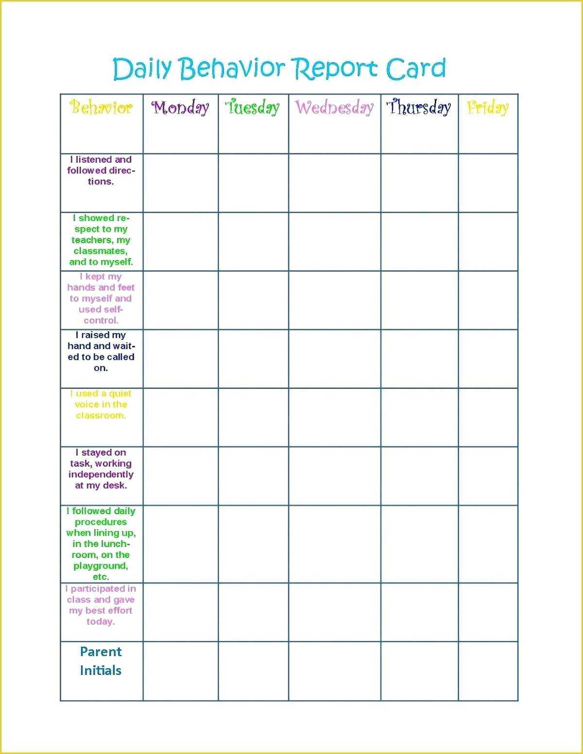 021 Free Behavior Chart Template Of Daily Printable Colorful Inside Daily Behavior Report Template