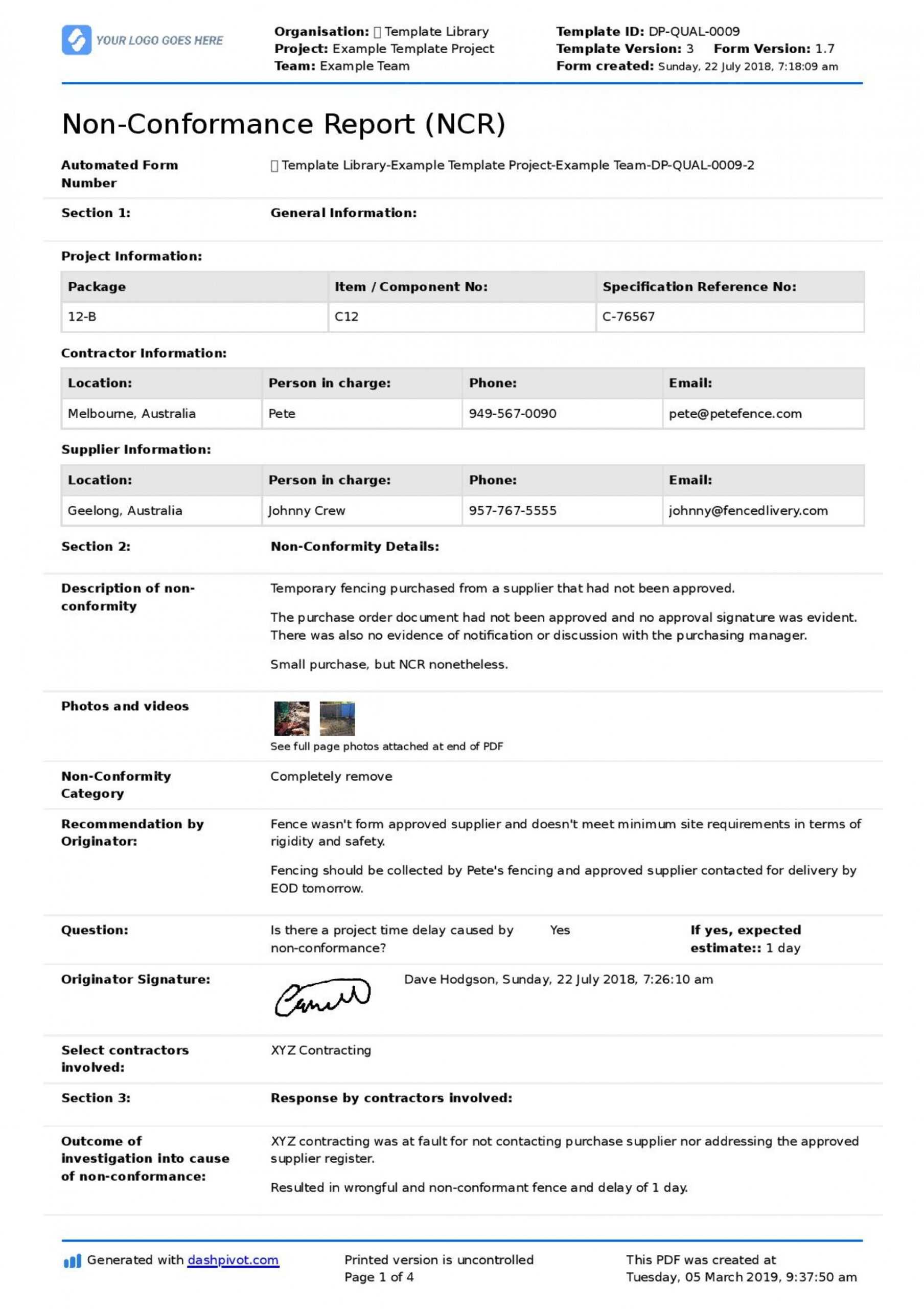 037 Example Template Project Non Conformance Report Ncr Page Within Ncr Report Template