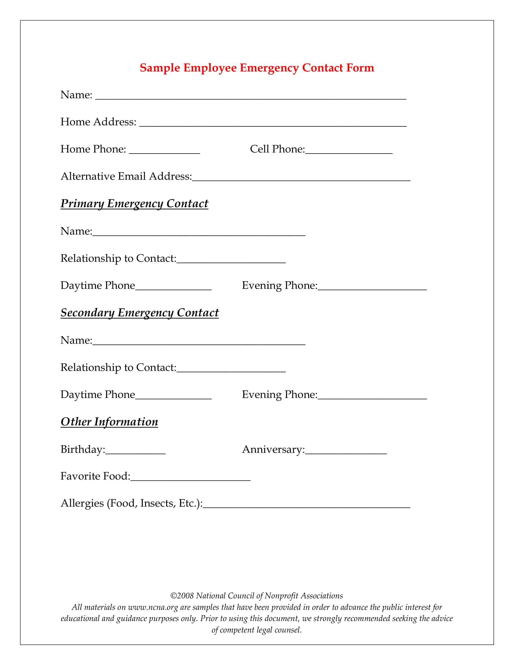 10+ Emergency Information Form Examples - Pdf | Examples With Emergency Contact Card Template