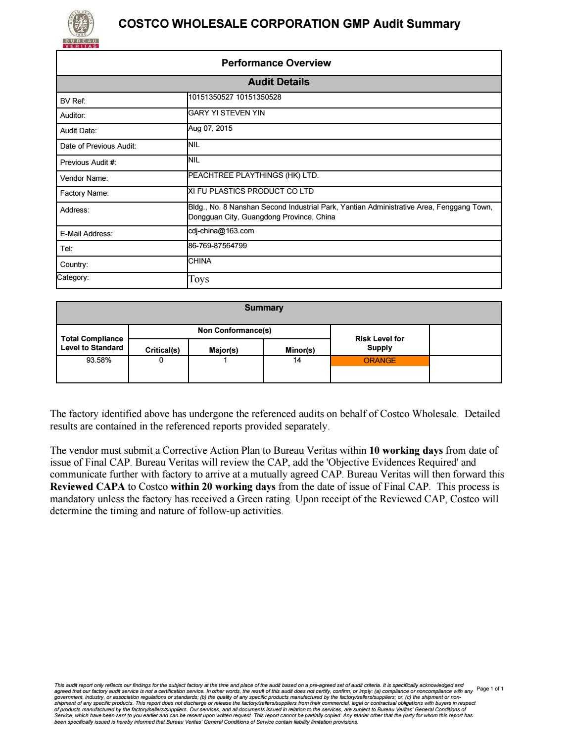 10151350527 & 10151350528 Costco Gmp Reports Xifu (Aug 07 Regarding Gmp Audit Report Template