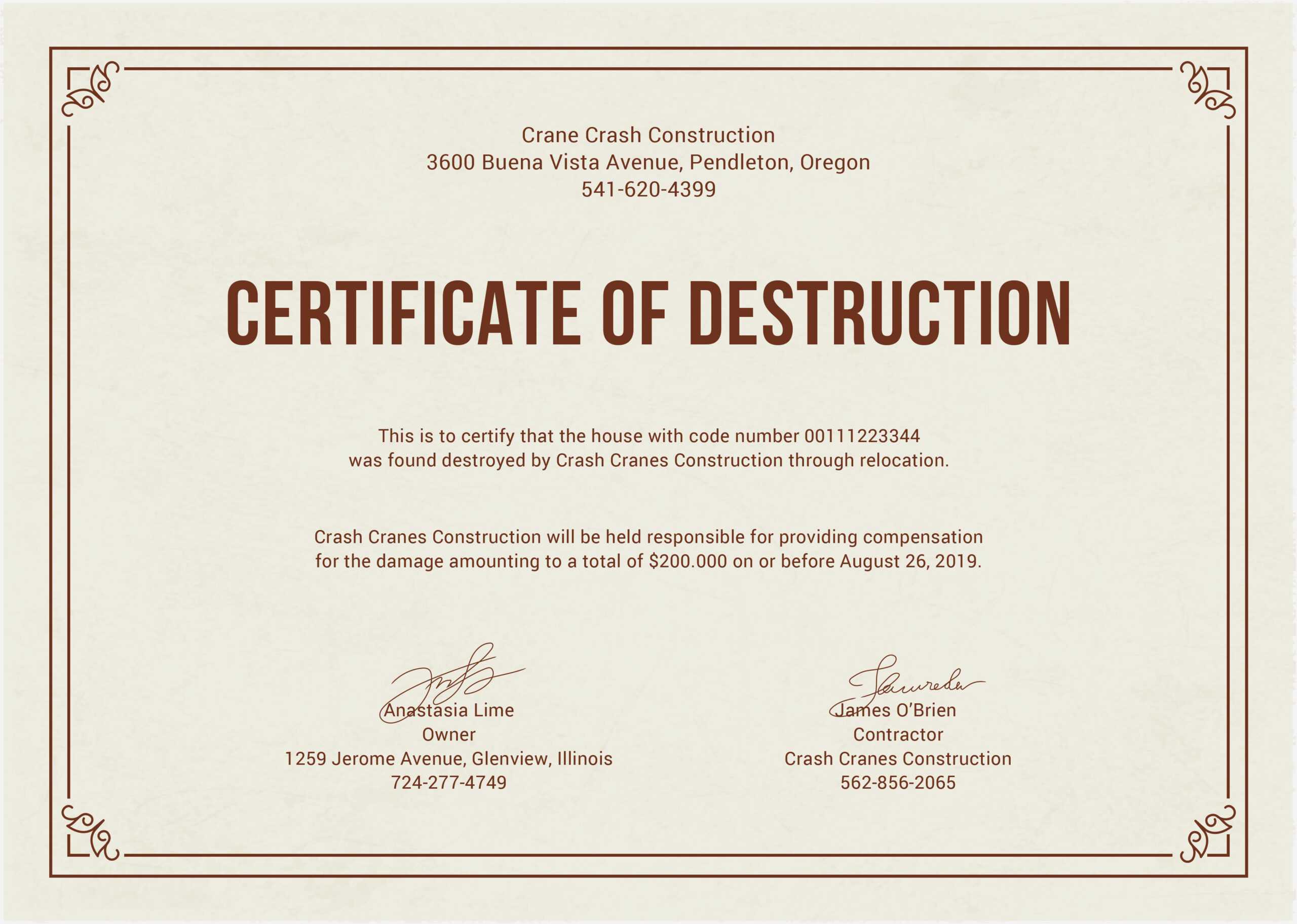 12 Certificate Of Destruction Template | Resume Letter Intended For Destruction Certificate Template