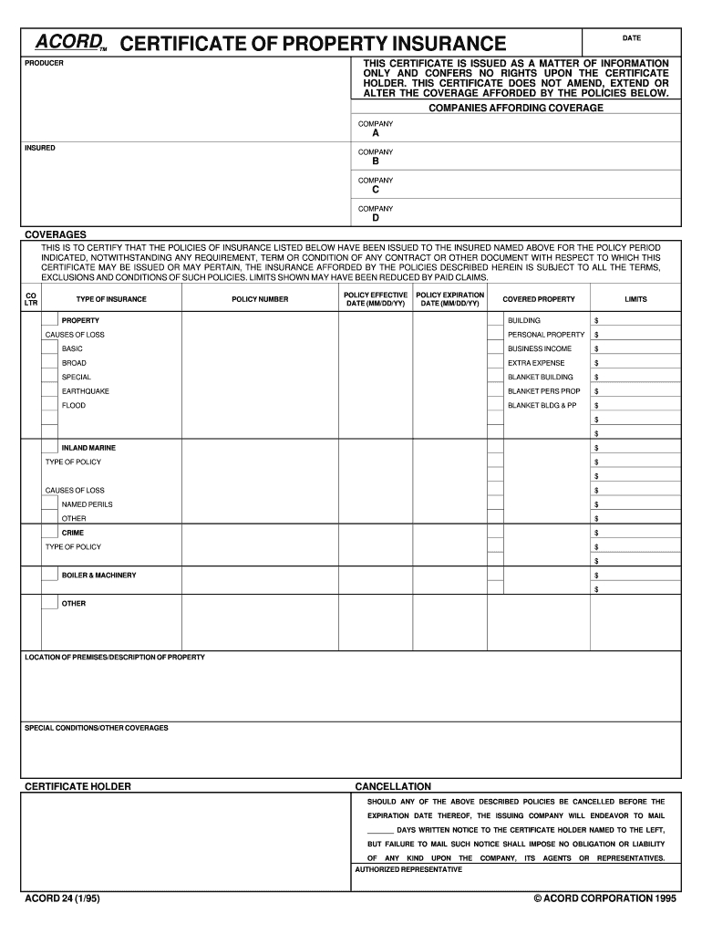 1995 Form Acord 24 Fill Online, Printable, Fillable, Blank With Regard To Acord Insurance Certificate Template