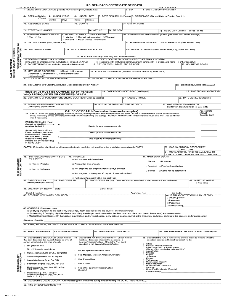 2003 2020 Form Us Standard Certificate Of Death Fill Online For Baby Death Certificate Template