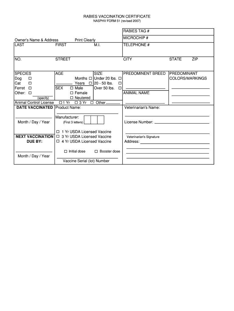 2007 2020 Cdc Nasphv Form 51 Fill Online, Printable In Rabies Vaccine Certificate Template