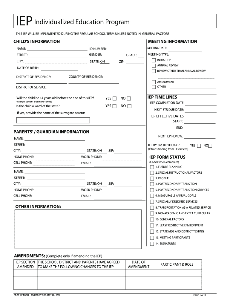 2012 2020 Form Oh Pr 07 Iep Fill Online, Printable, Fillable Inside Blank Iep Template