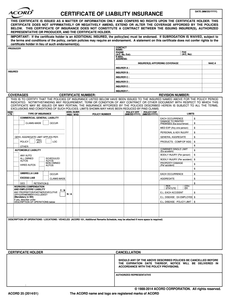 2014 2020 Form Acord 25 Fill Online, Printable, Fillable Throughout Certificate Of Liability Insurance Template