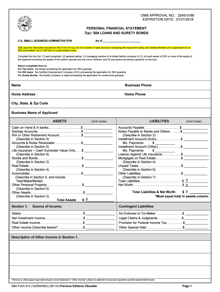2014 2020 Form Sba 413 Fill Online, Printable, Fillable Within Blank Personal Financial Statement Template