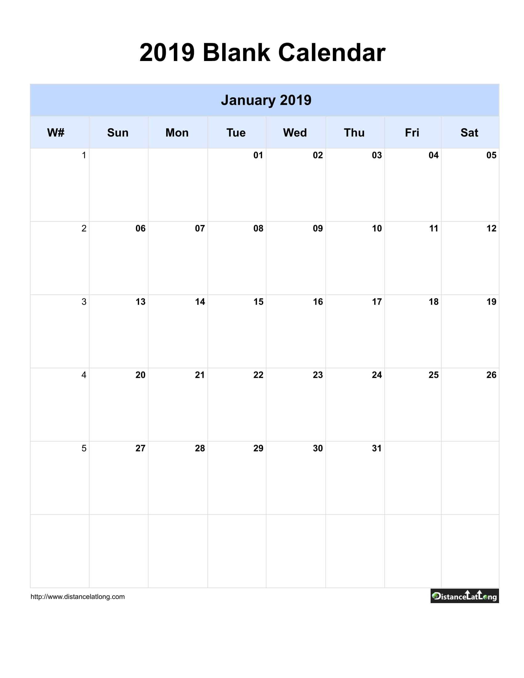 2019 Yearly Blank Calendar Yearly Blank Portrait Orientation For Blank One Month Calendar Template