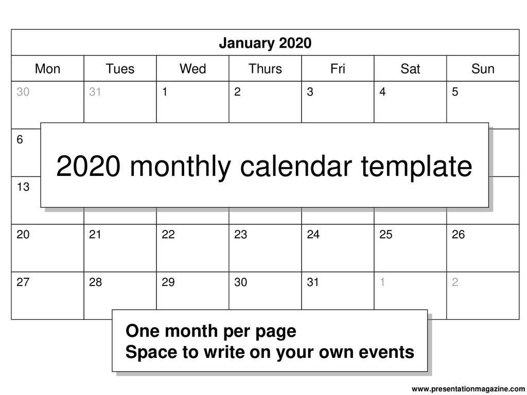 2020 Monthly Calendar Template – Ppt Download In Powerpoint Calendar Template 2015