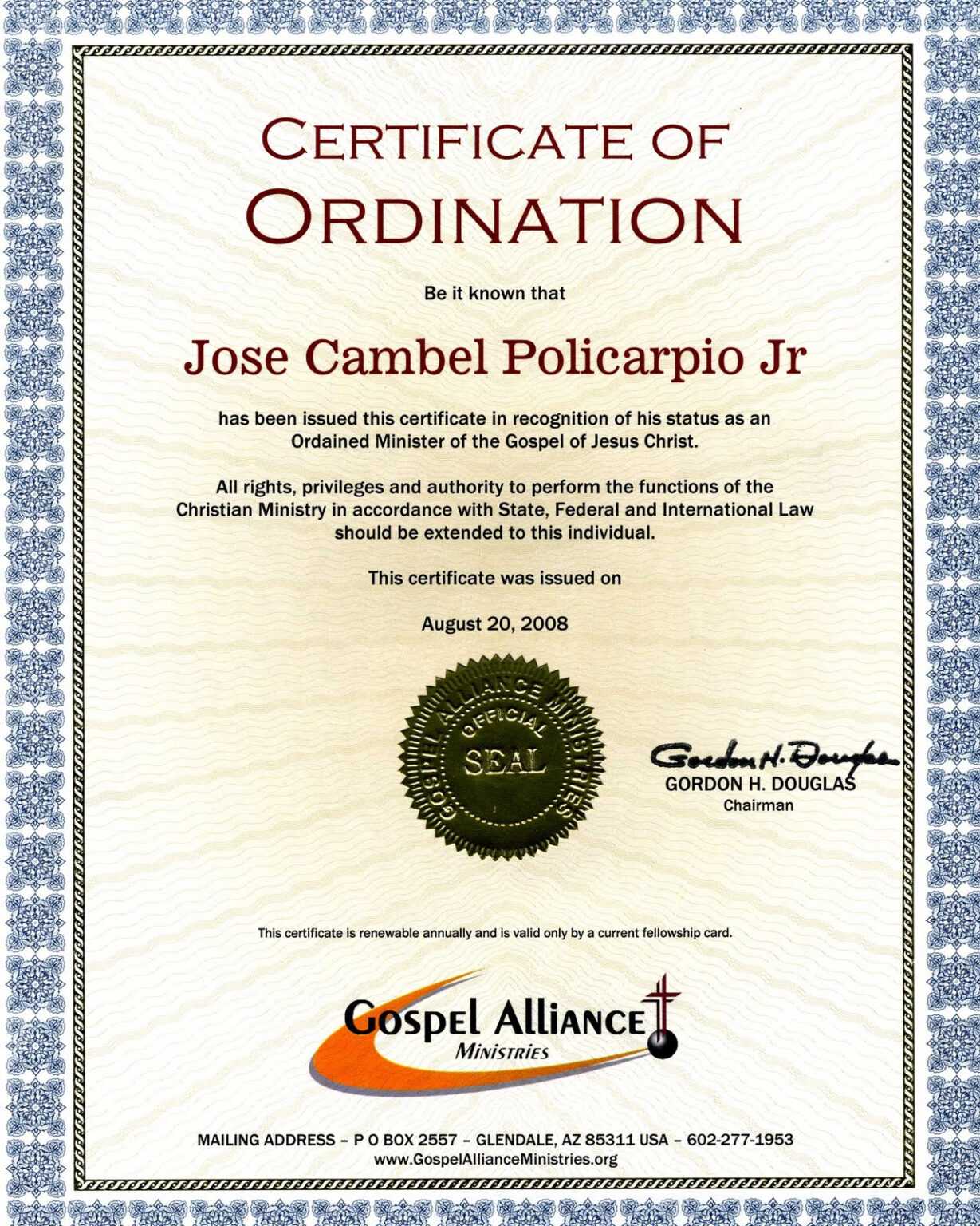 Ordination Certificate Template