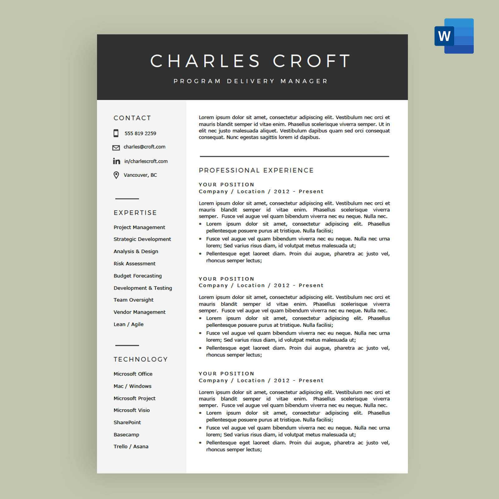 4 Page Resume / Cv Template Package For Microsoft™ Word – The 'charlie' Intended For How To Get A Resume Template On Word