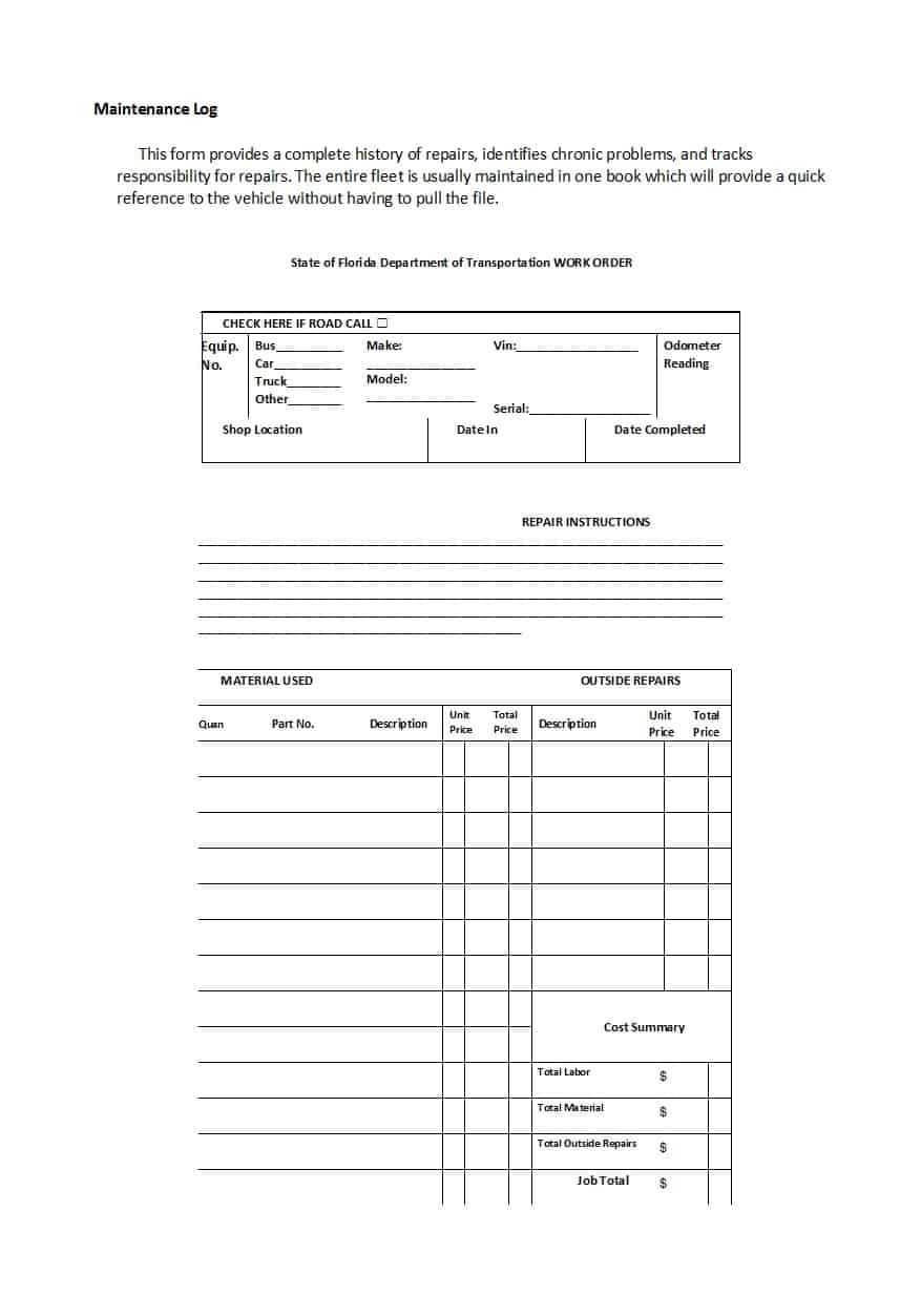 40 Printable Vehicle Maintenance Log Templates ᐅ Template Lab With Regard To Sample Job Cards Templates