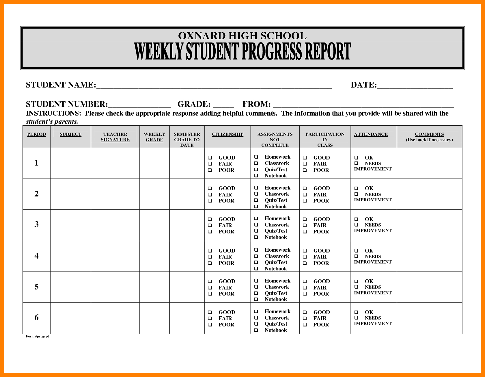 5+ Free Student Weekly Progress Report Template | Marlows Regarding Weekly Test Report Template