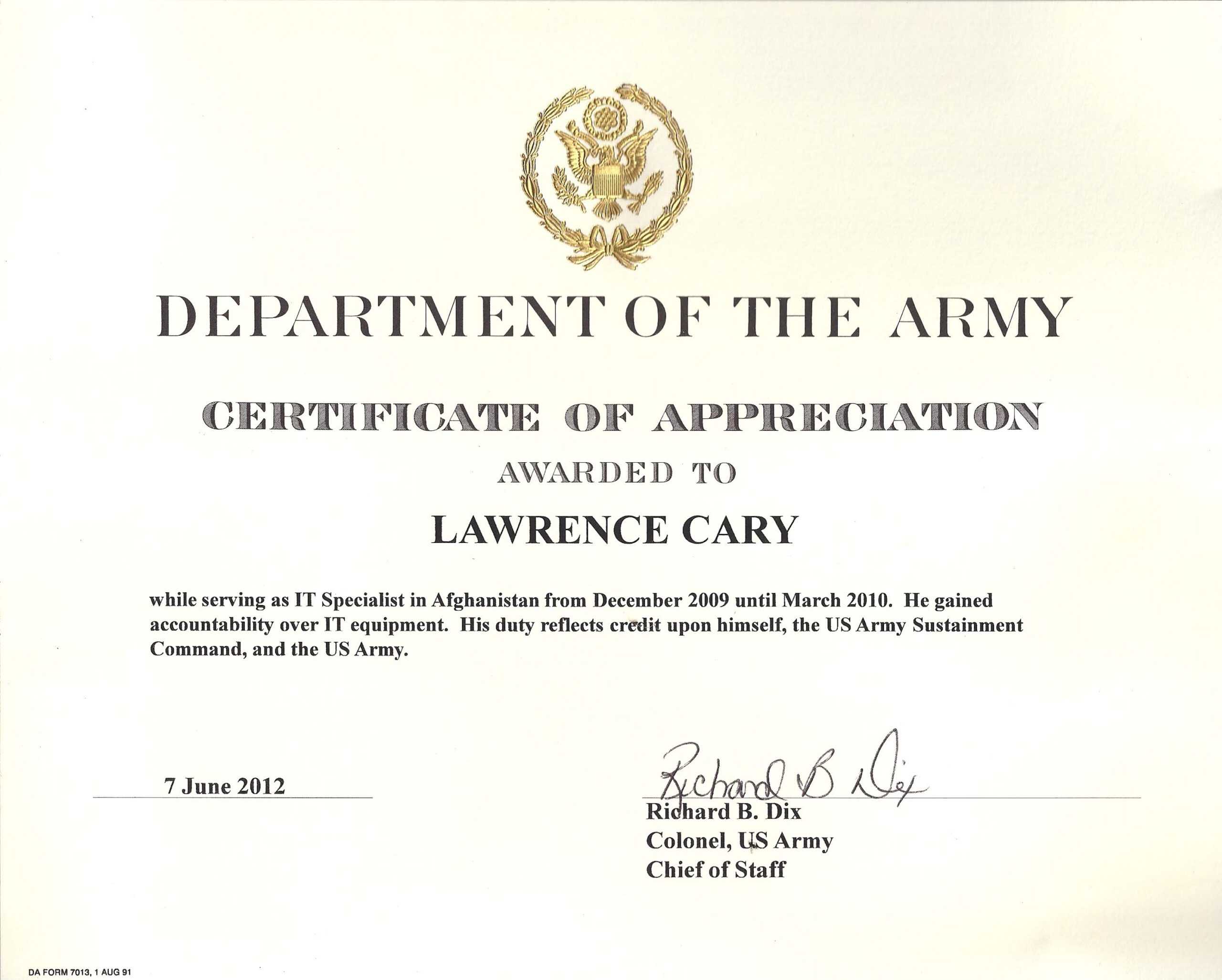 6+ Army Appreciation Certificate Templates - Pdf, Docx Regarding Certificate Of Achievement Army Template