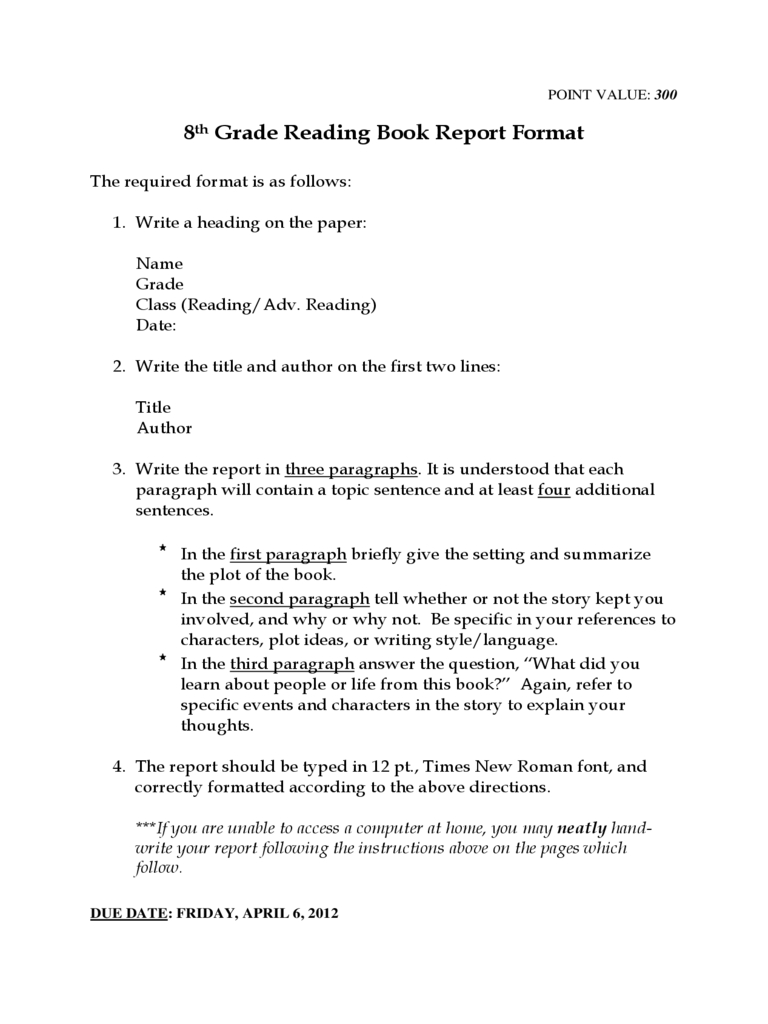 8Th Grade Reading Book Report Template Free Download Regarding Book Report Template Grade 1