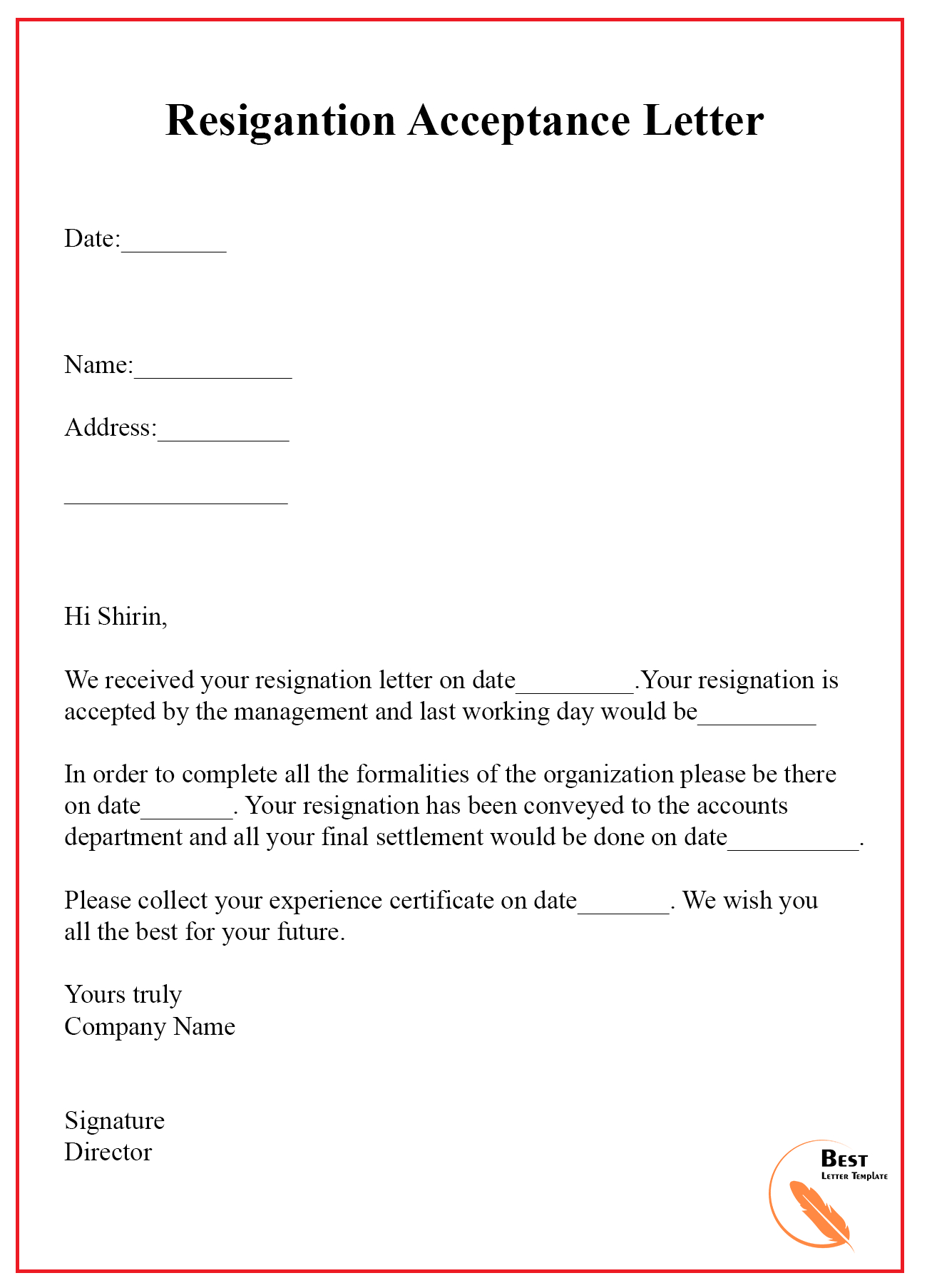 9+ Resignation Acceptance Letter Template [Examples Within Certificate Of Acceptance Template