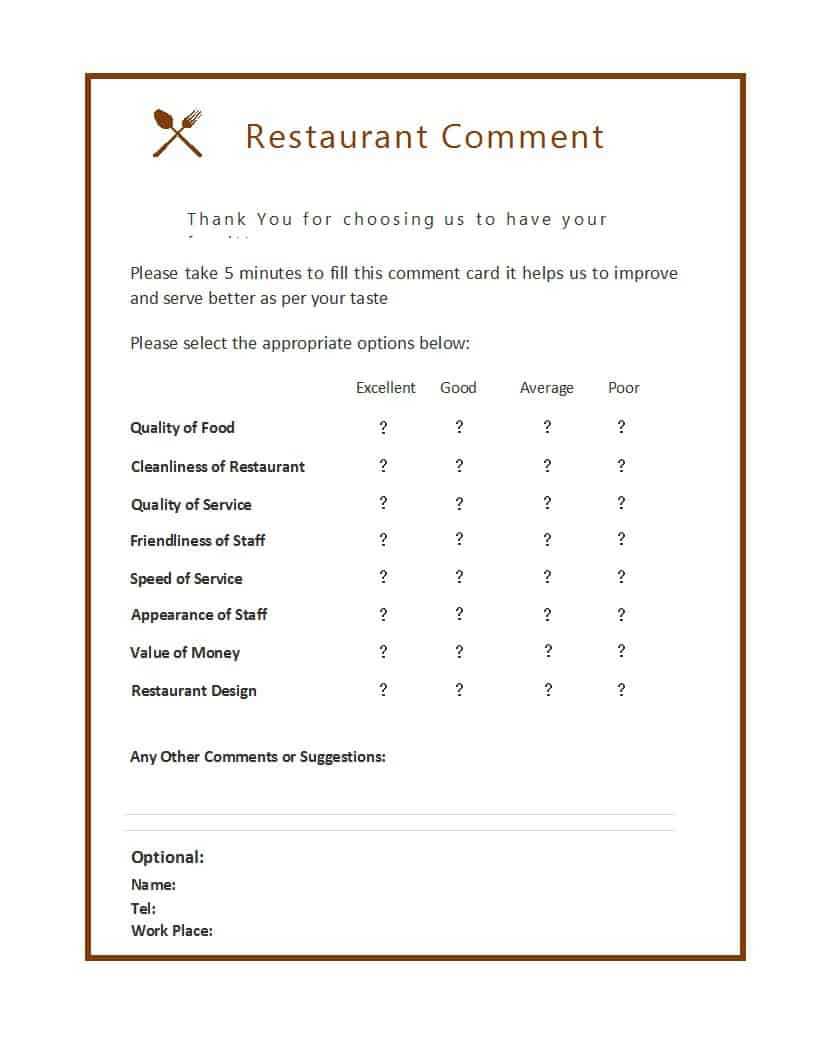 9 Restaurant Comment Card Templates – Free Sample Templates Pertaining To Survey Card Template