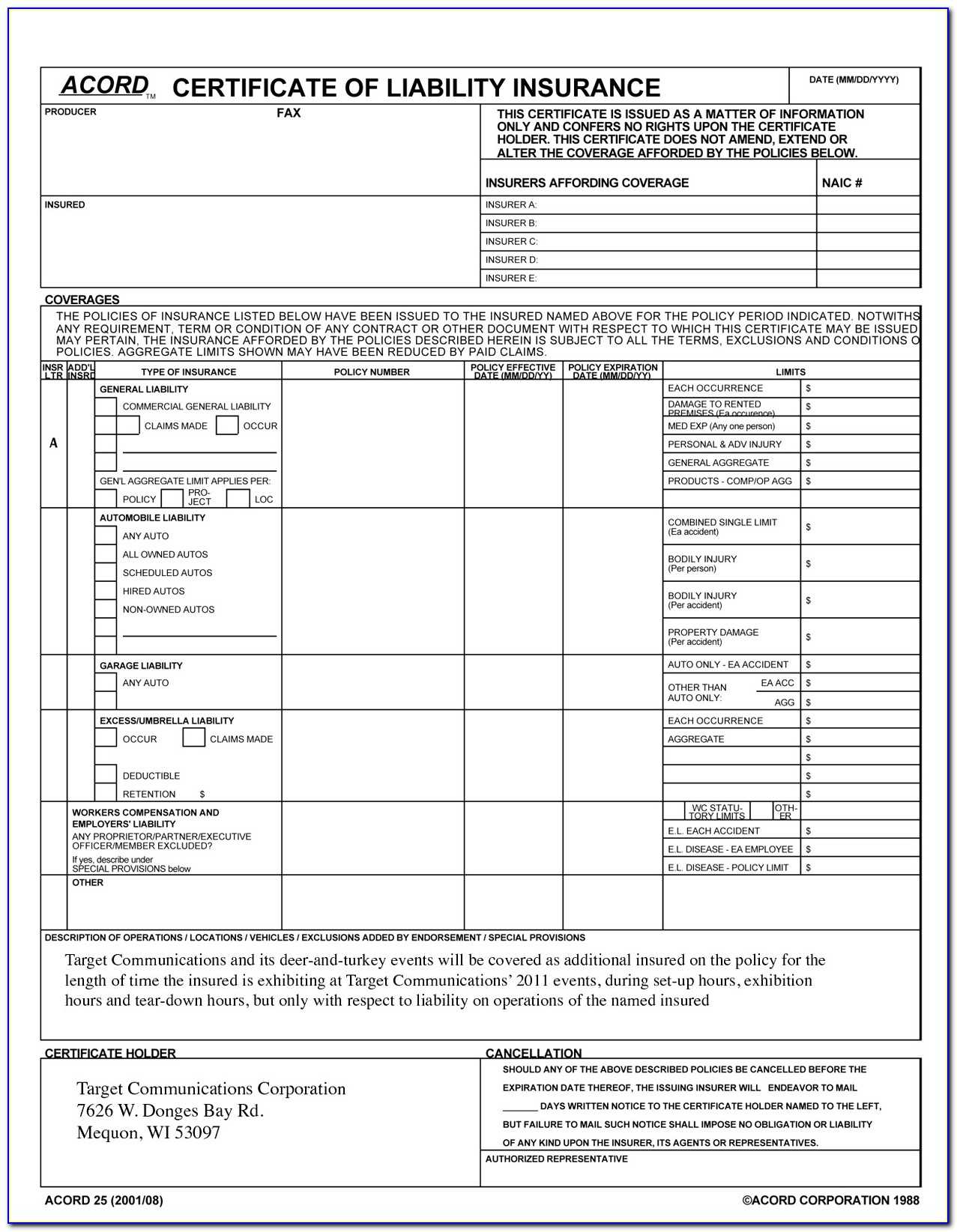 Acord Certificate Of Liability Insurance Template Top Throughout Certificate Of Liability Insurance Template