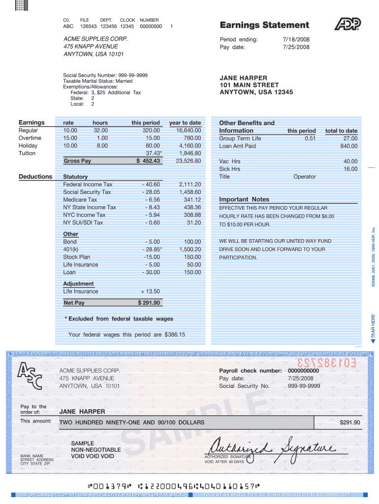 Adp Pay Stub Template – Fill Online, Printable, Fillable In Pay Stub Template Word Document