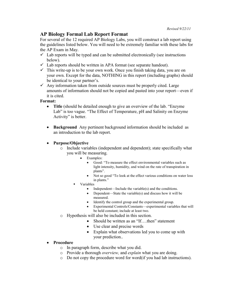 Ap Biology Formal Lab Report Format Regarding Biology Lab Report Template