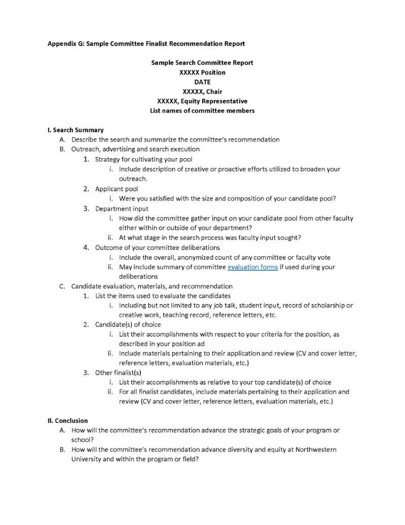 Appendix G: Sample Committee Finalist Recommendation Report Within Recommendation Report Template