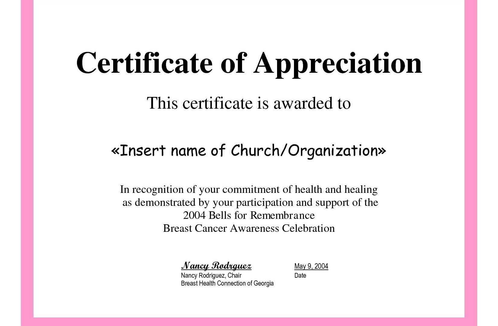 Appreciation Certificates Wording Church Certificate Intended For Volunteer Certificate Template