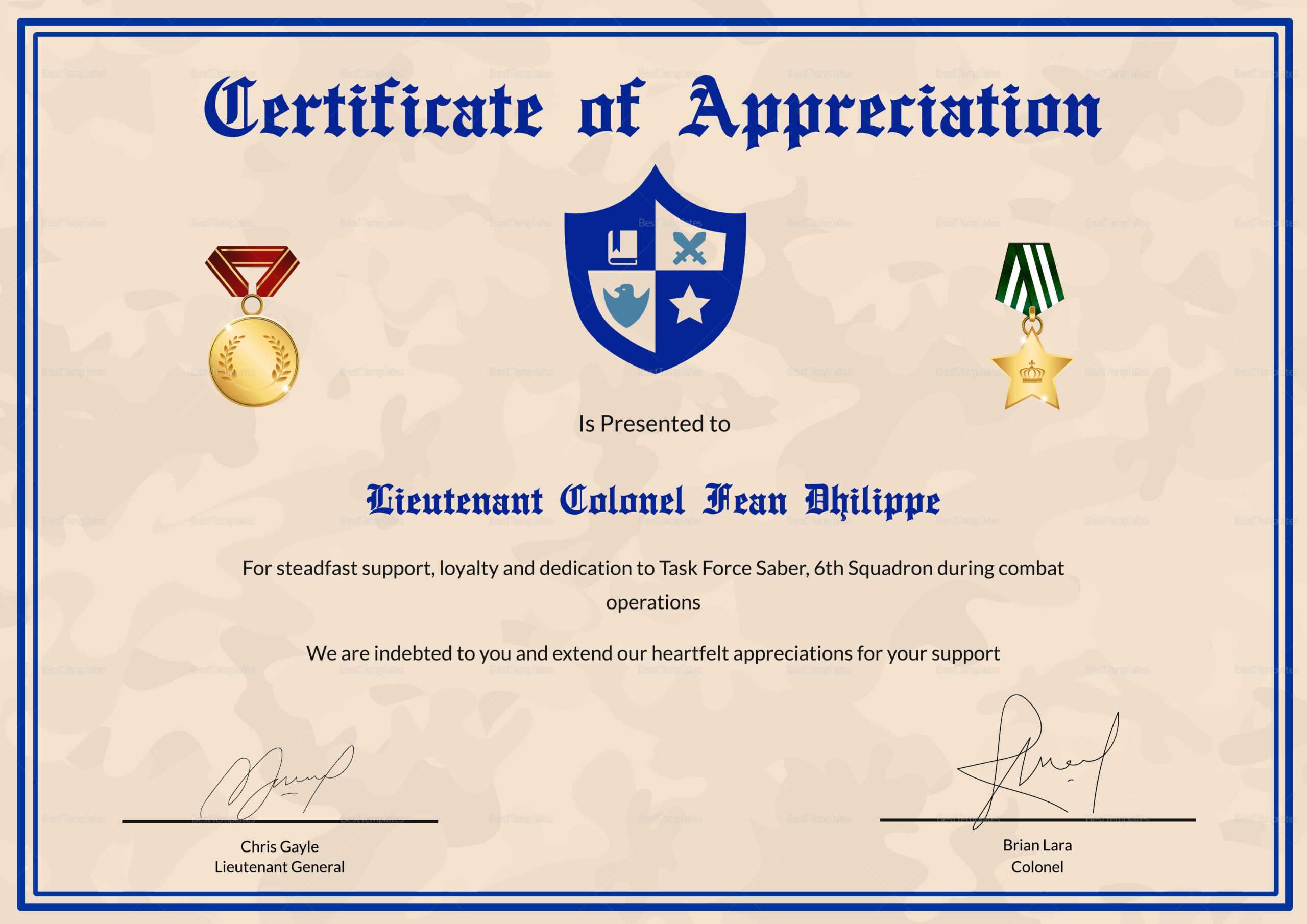 Army Certificate Of Appreciation Template In Army Certificate Of Appreciation Template