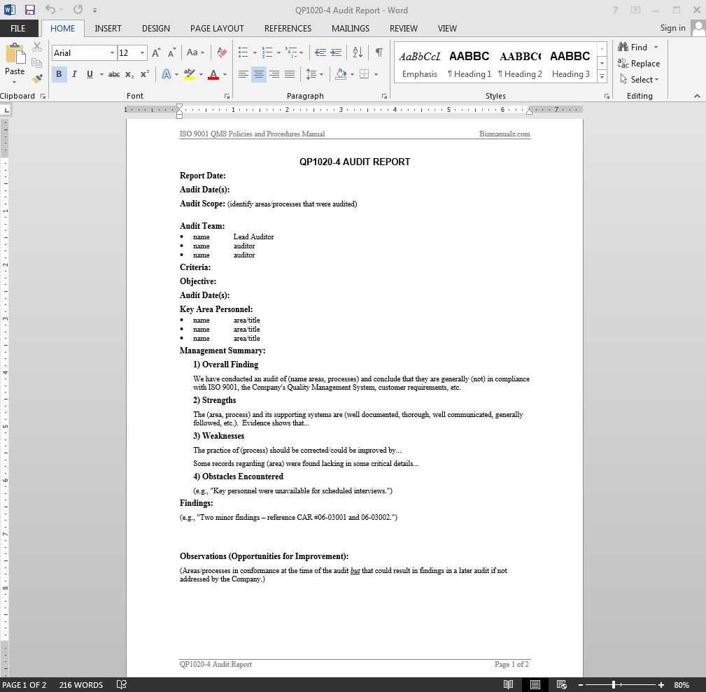 Audit Report Iso Template | Qp1020 4 Pertaining To Template For Audit Report