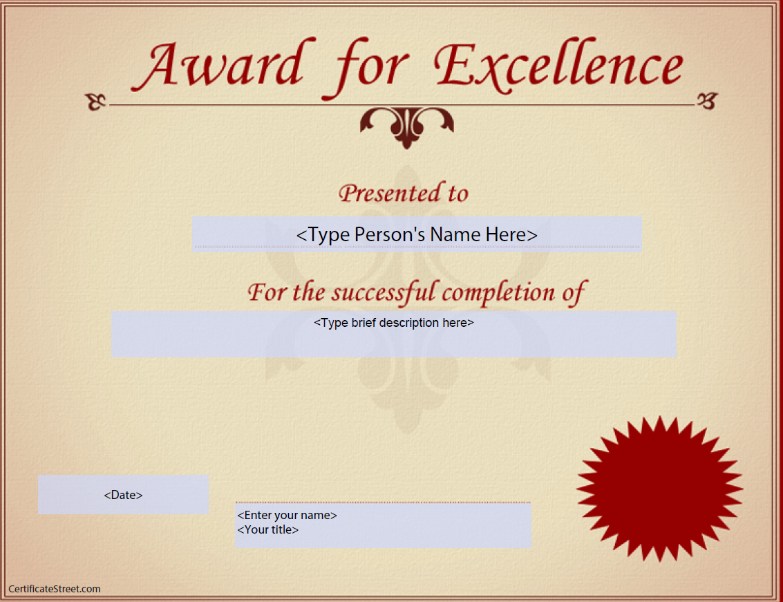 Award For Excellence Certificate | Templates At Intended For Award Of Excellence Certificate Template