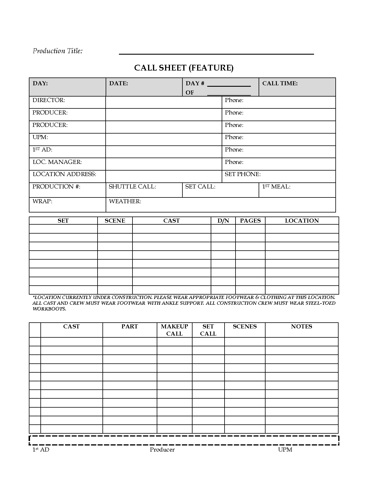 Awesome Call Sheet (Feature) Template Sample For Film In Film Call Sheet Template Word