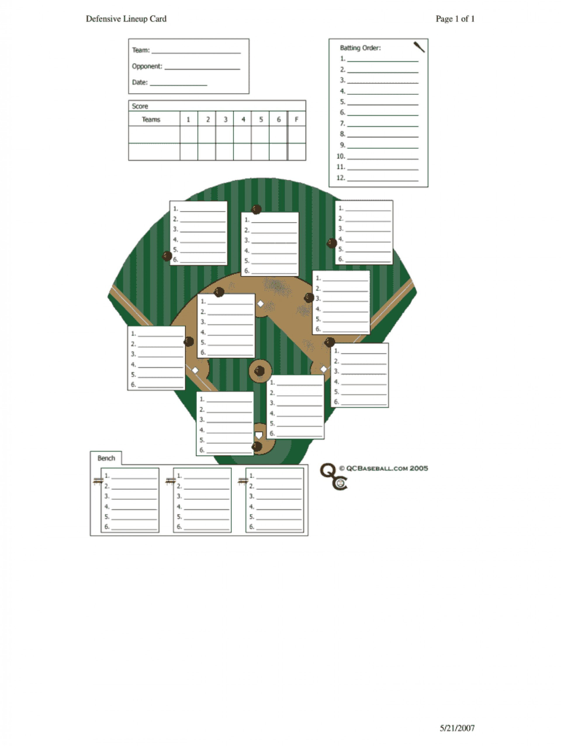 Baseball Lineup Template Free Fielding Card Pdf Printable Inside Free Baseball Lineup Card Template
