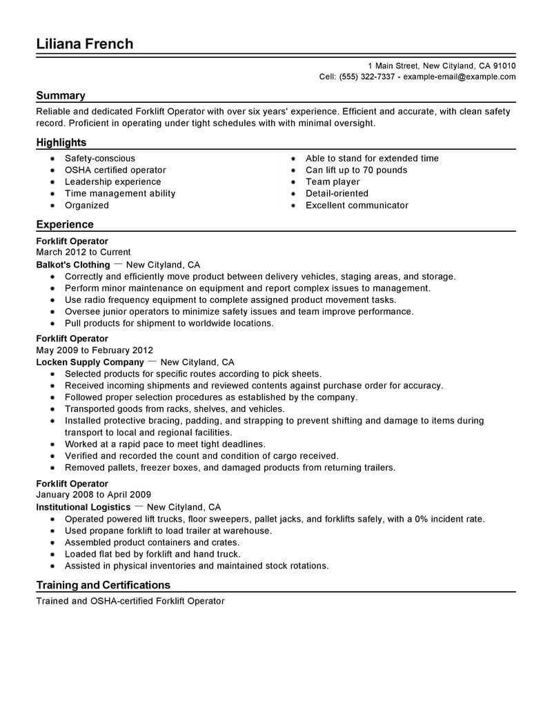 Best Forklift Operator Resume Example Livecareer For Forklift   Best Forklift Operator Resume Example Livecareer For Forklift Certification Template 