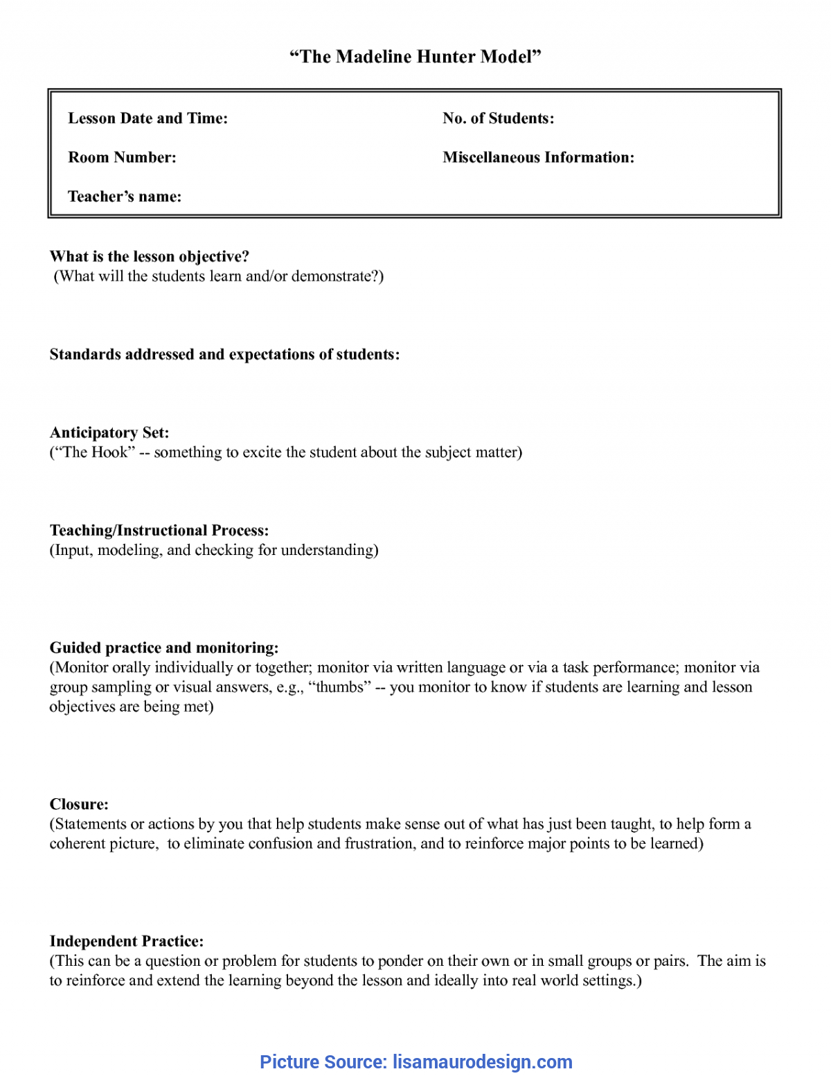 Best Lesson Plan Template Anticipatory Set Madeline Hunter Pertaining To Madeline Hunter Lesson Plan Blank Template