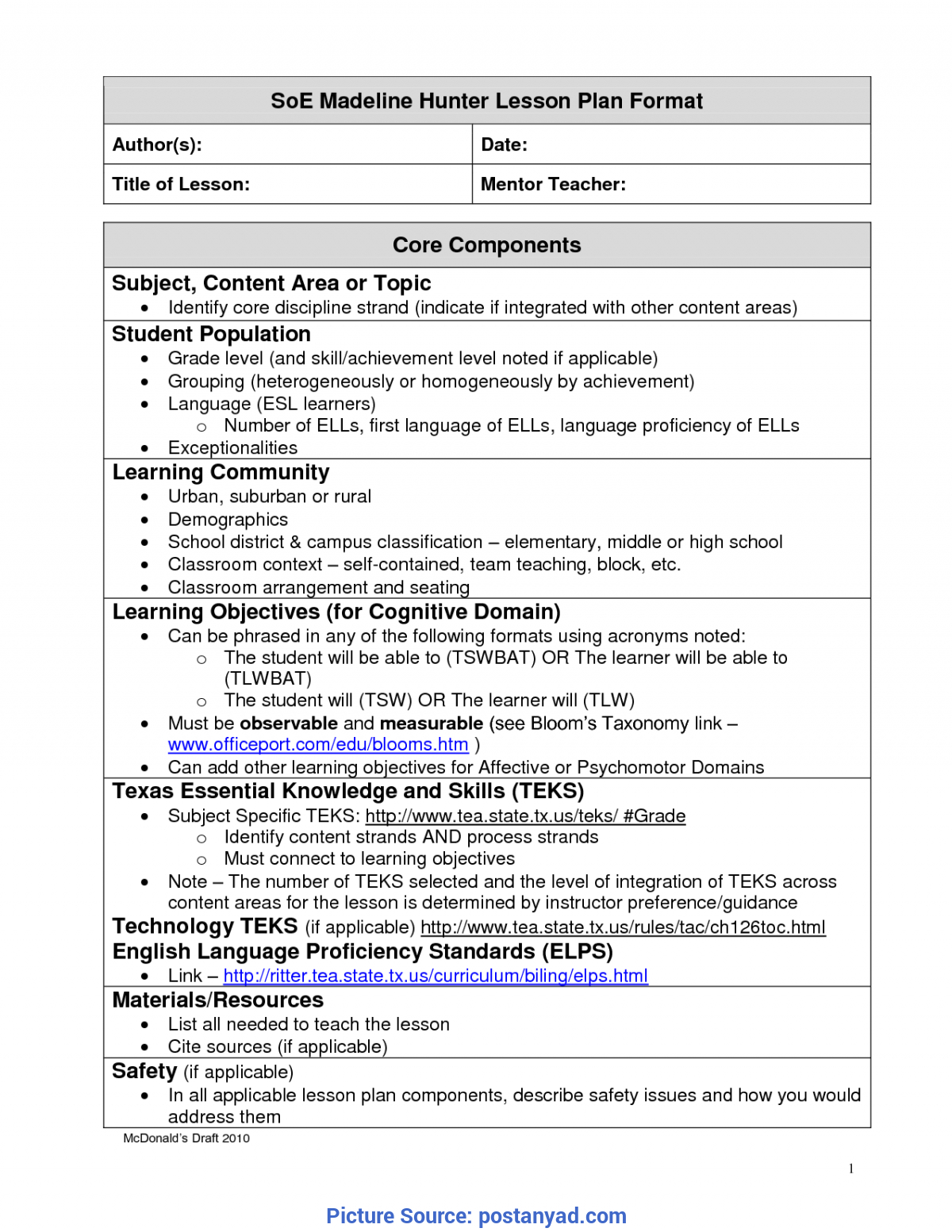Best Madeline Hunter Lesson Plan Components Madeline Hunter In Madeline Hunter Lesson Plan Template Word