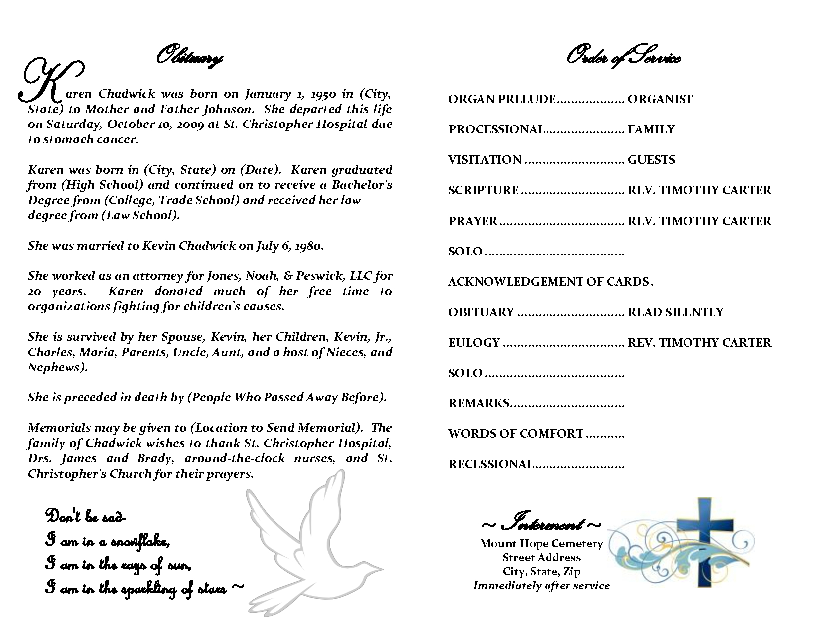 Best Photos Of Sample Obituary Funeral Program Templates In Obituary Template Word Document