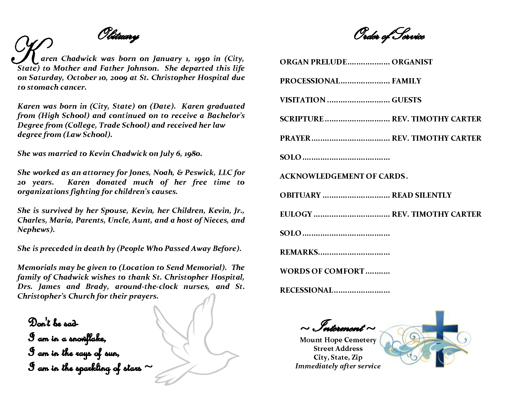 Best Photos Of Sample Obituary Funeral Program Templates With Free Obituary Template For Microsoft Word