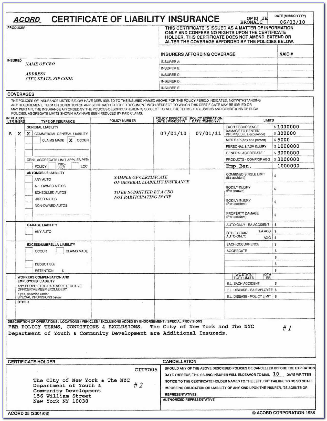 Blank Certificate Of Insurance Form Beautiful 34 Pertaining To Acord Insurance Certificate Template