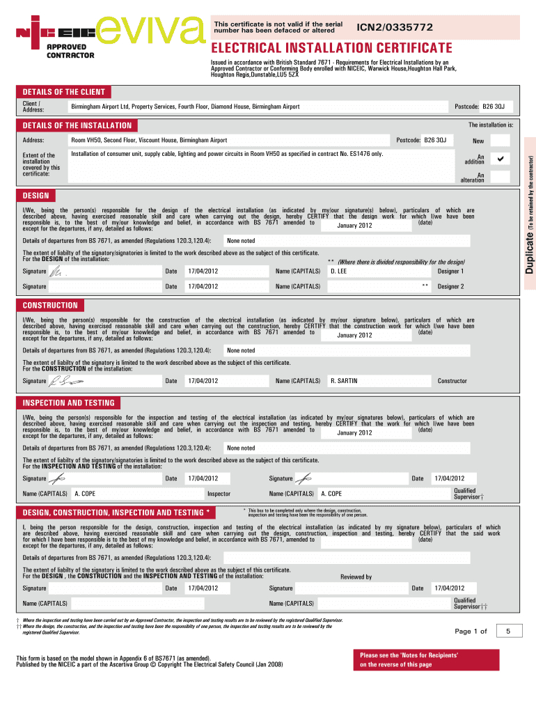 Blank Electric Safety Certificates - Fill Online, Printable Within Electrical Installation Test Certificate Template